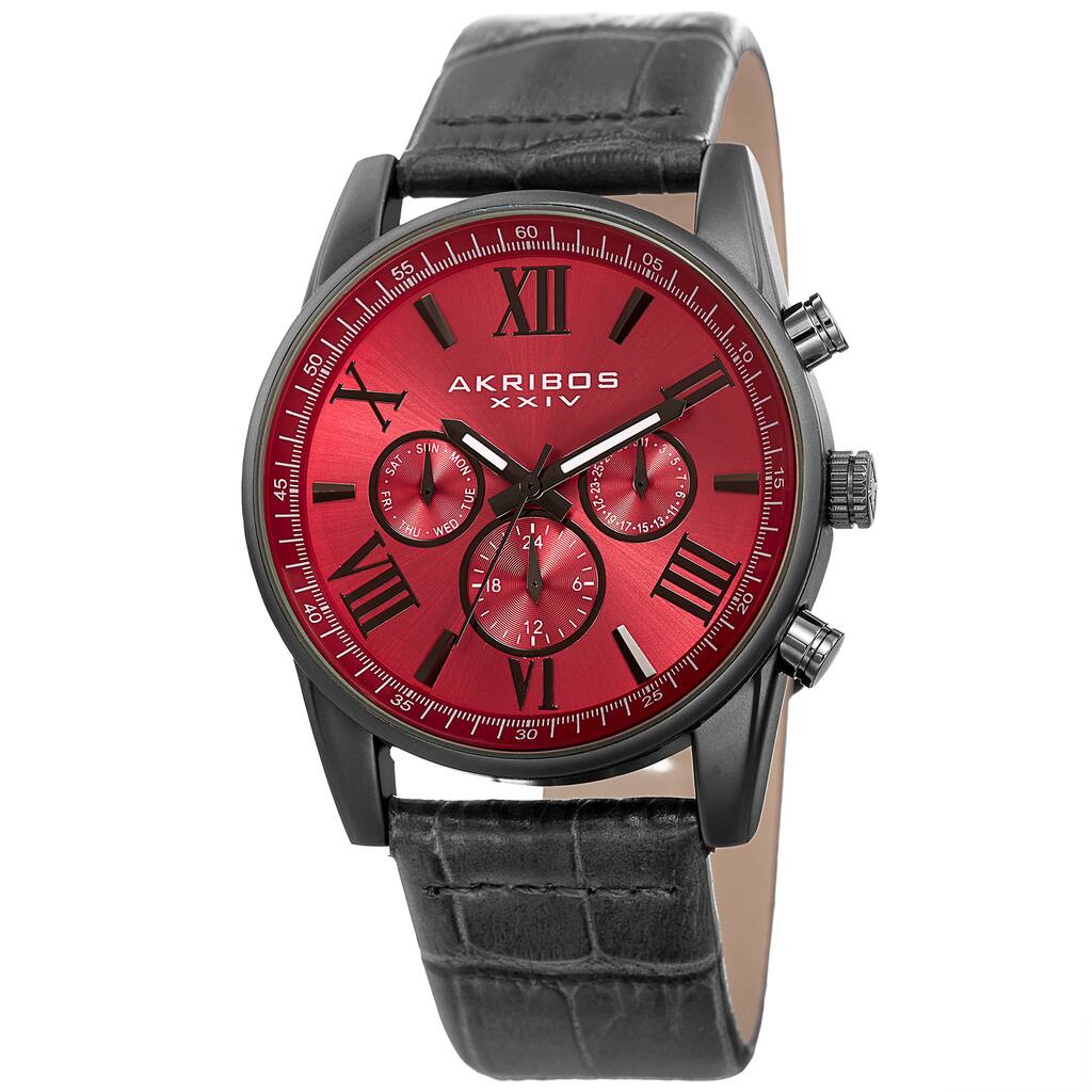 Akribos XXIV Men's Swiss Quartz Multifunction Dual-Zone Gray Leather Strap Watch - Red