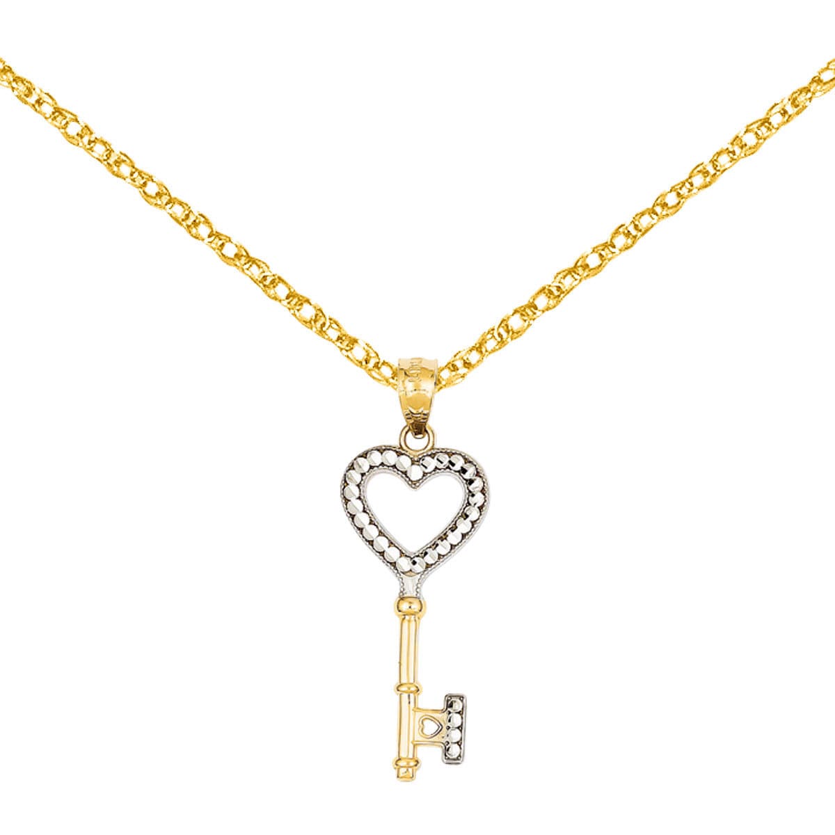 14k Yellow Gold Key Pendant on a 14K Yellow Gold Carded Rope Chain Necklace