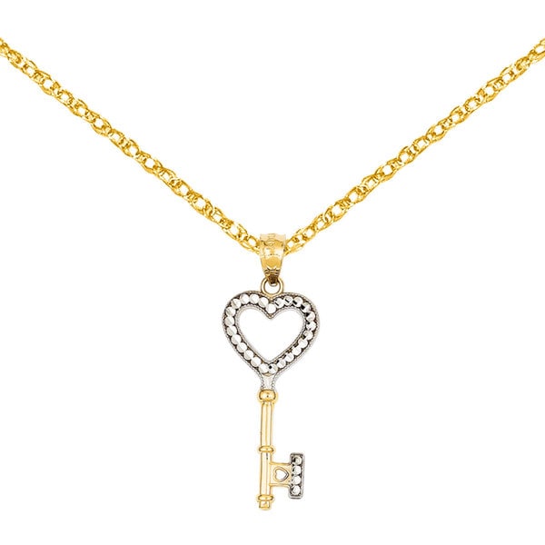 14k Yellow with White Rhodium Two-tone Gold I Love You Key Pendant