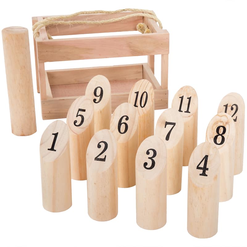 Wooden Throwing Game Set, 12 Numbered Pins Hey Play - 11 x 7.25 x 7 - Brown