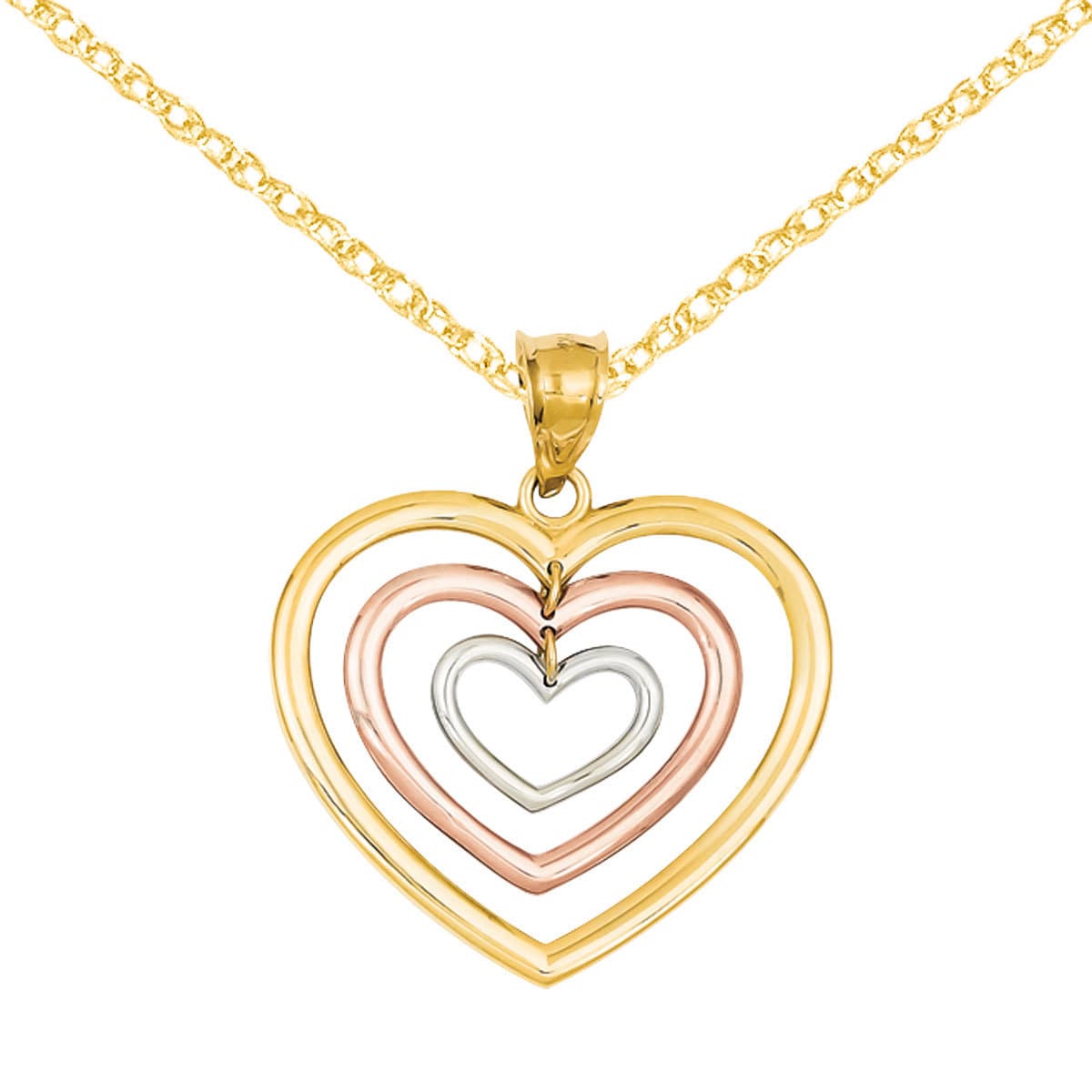 Solid 14K Tri-Color Gold Round Heart Charm Love Pendant Necklace