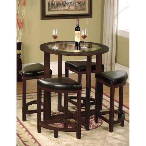 Roundhill Furniture 5 Piece Round Counter Height Dining Set in Solid Wood with Glass Table Top