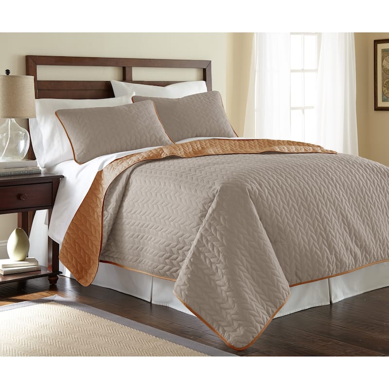 Modern Threads Leaf Solid Reversible Quilted 3-Piece Coverlet Set - Queen - atmosphere/hazel