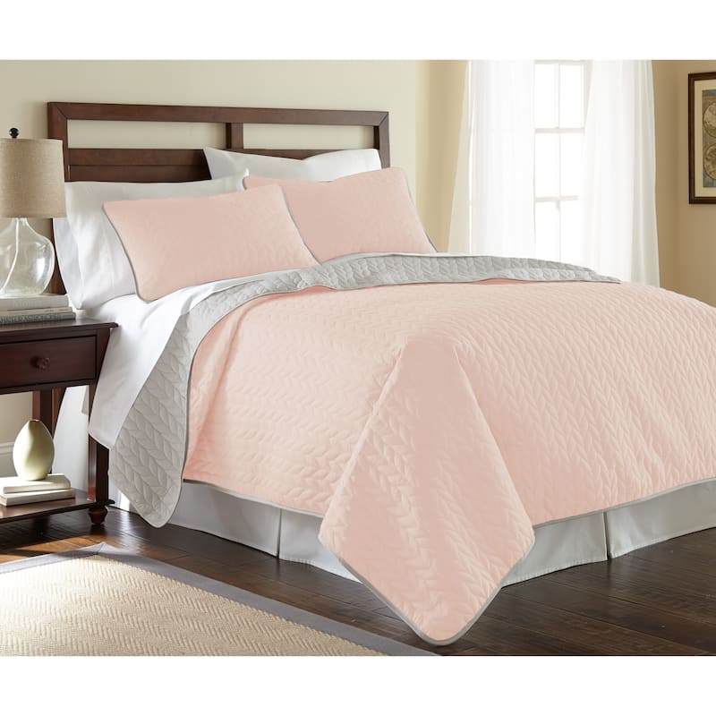 Modern Threads Leaf Solid Reversible Quilted 3-Piece Coverlet Set - Queen - blush/silver