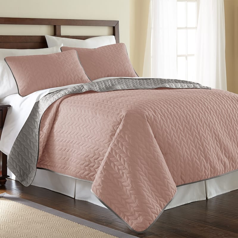 Modern Threads Leaf Solid Reversible Quilted 3-Piece Coverlet Set