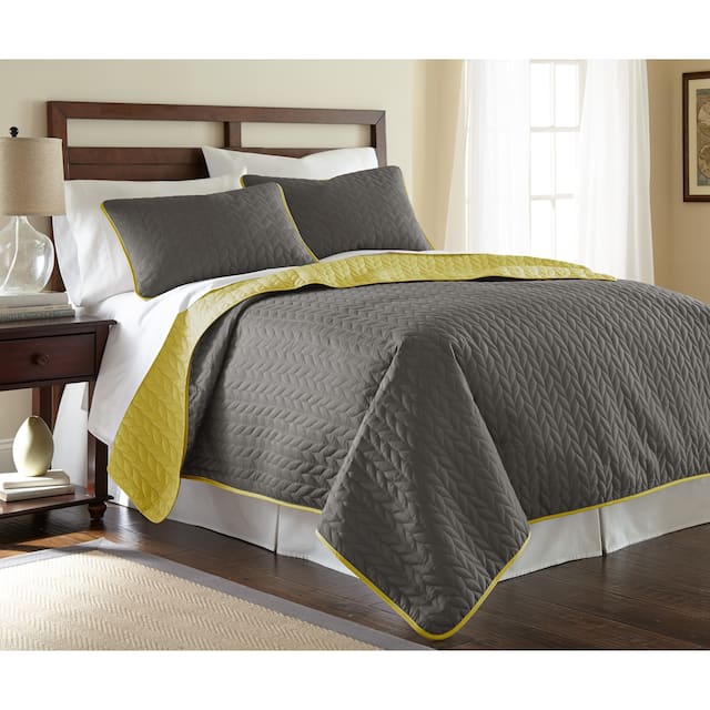 Modern Threads Leaf Solid Reversible Quilted 3-Piece Coverlet Set - Queen - gray/bamboo