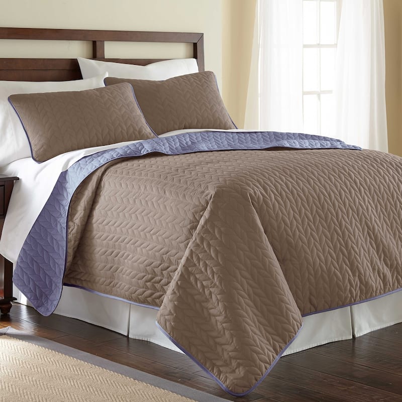 Modern Threads Leaf Solid Reversible Quilted 3-Piece Coverlet Set - Queen - Stone/Blue