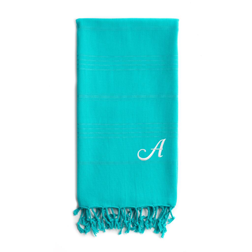 Authentic Sol Monogrammed Pestemal Fouta Aqua Green Tonal Stripe Turkish Cotton Bath/ Beach Towel