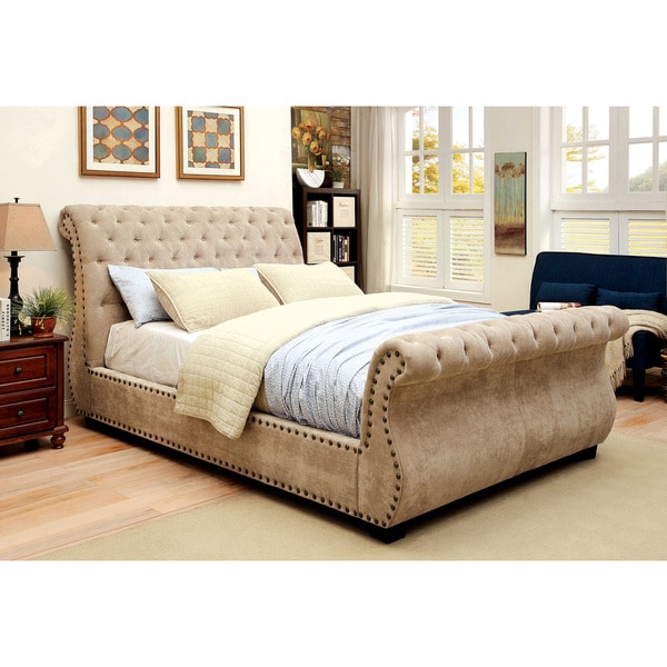 Furniture of America Weso Contemporary Mocha Fabric Tufted Sleigh Bed
