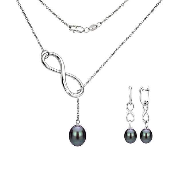 DaVonna Sterling Silver pearl Pendant Infinity Lariat Necklaces and Dangle Earring Jewelry Set