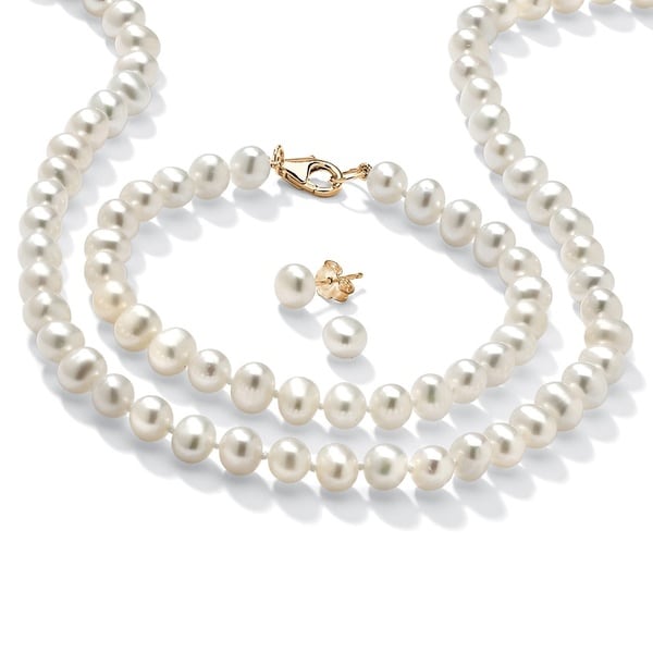 Genuine Cultured Freshwater Pearl Three-Piece Jewelry Set in 14k Gold over .925 Sterling S