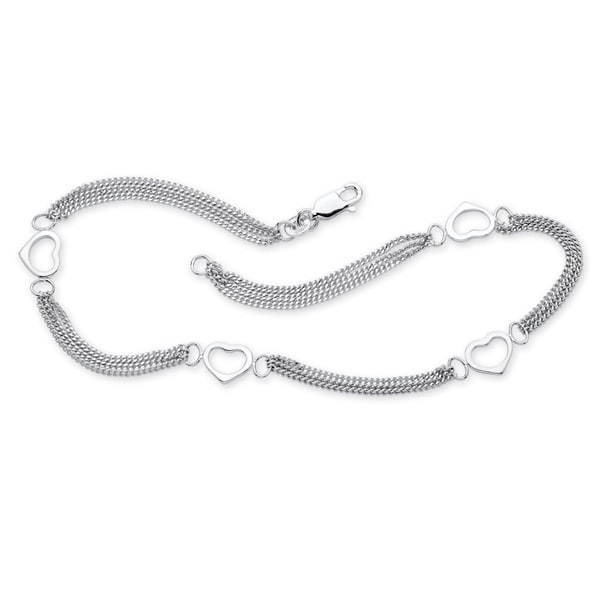Open Heart Cutout Triple-Strand Ankle Bracelet in Sterling Silver Tailored