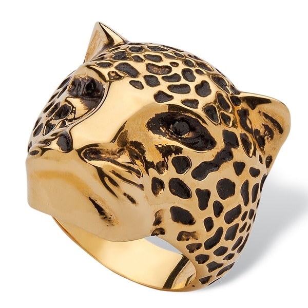 Black Pave Crystal Leopard Fashion Ring 14k Yellow Gold-Plated Bold Fashion