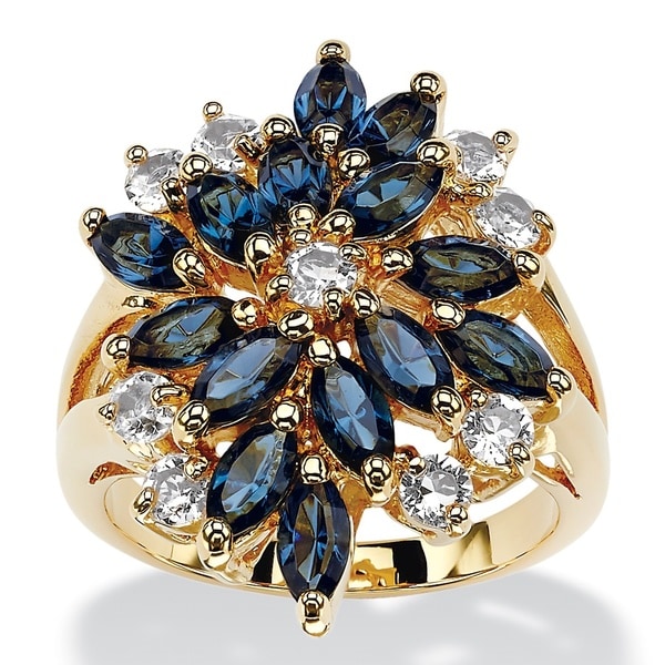 Marquise-Cut Sapphire Blue and White Crystal Cluster Cocktail Ring 18k Gold-Plated Color F