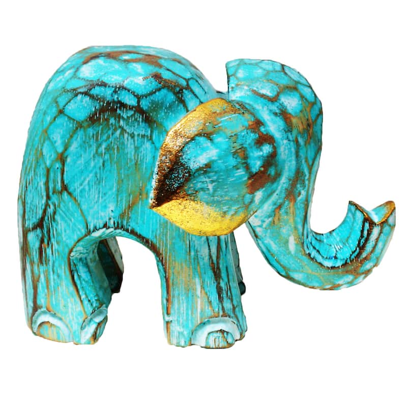 Colorful Elephant Albesia Wood Statue with Crackle Wash (Indonesia) - Green - 4