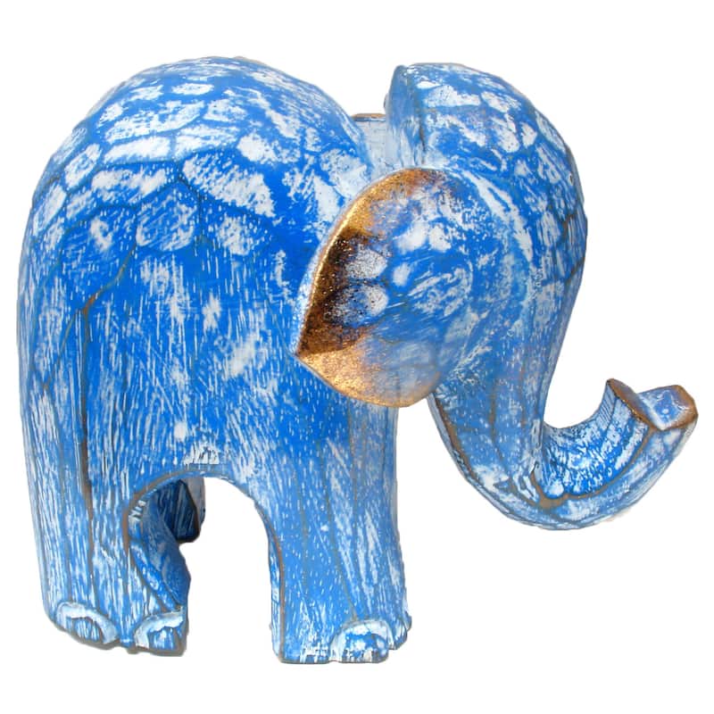 Colorful Elephant Albesia Wood Statue with Crackle Wash (Indonesia) - Blue - 4