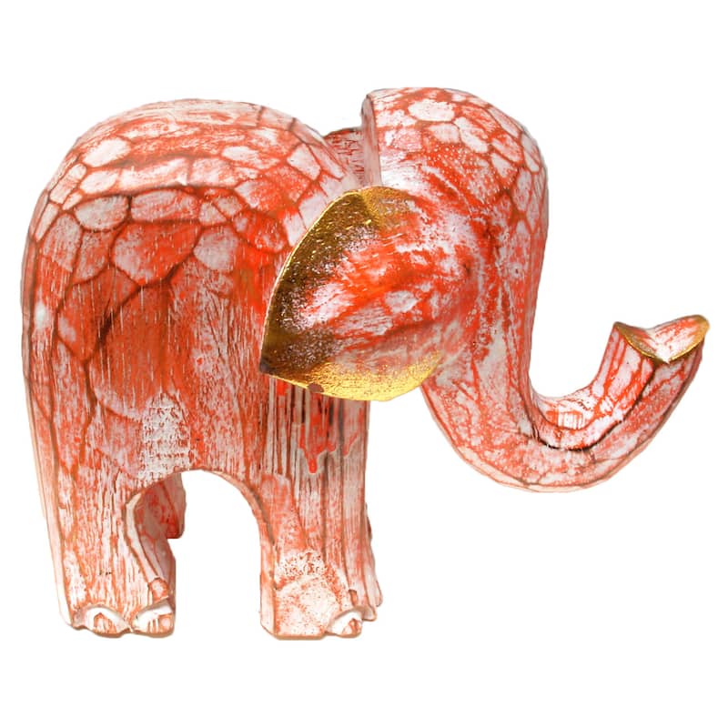 Colorful Elephant Albesia Wood Statue with Crackle Wash (Indonesia) - Orange - 4