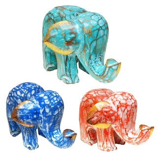 Mother Baby Elephant Statue Set hand carved painted wood Sculpture Bali Art Aqua 