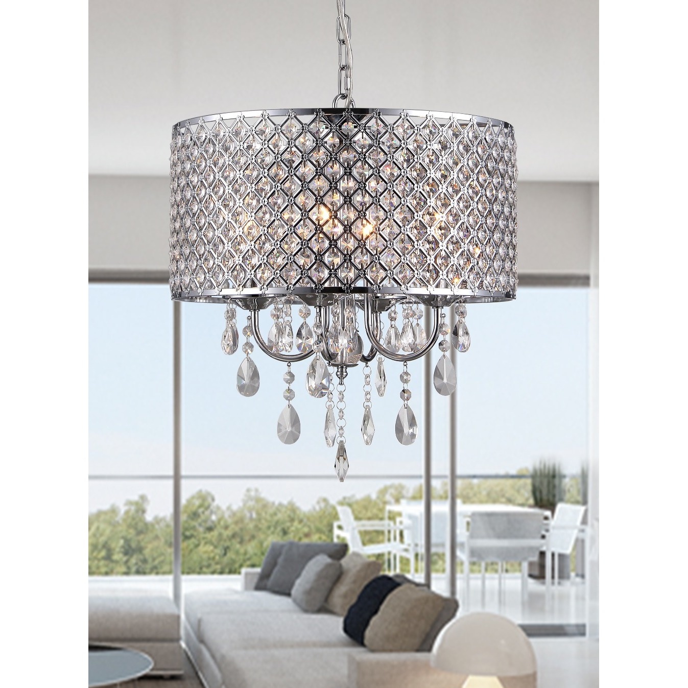 Oisetta 4 light Chrome Finish Crystal Round Chandelier (Chrome-finished 17-inch Crystal Round Chandelier) - Chandeliers For Bedrooms by Overstock.com