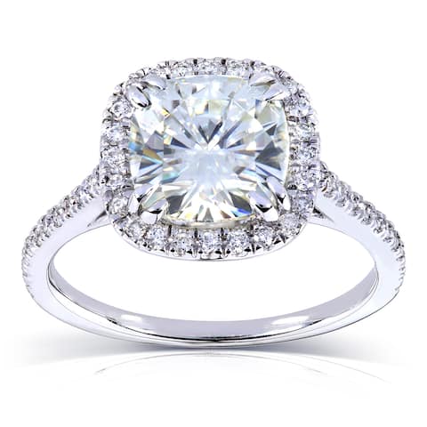 Annello by Kobelli 14k White Gold 2 1/4ct TGW Forever One Moissanite and Diamond Cushion Halo Engagement Ring