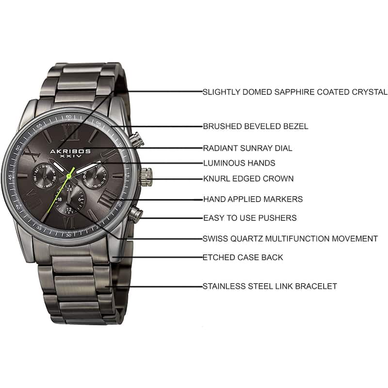 Akribos XXIV Men's Swiss Quartz Multifunction Dual Time Gray Bracelet Watch - grey