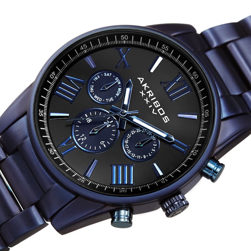 Akribos XXIV Men's Swiss Quartz Multifunction Dual Time Blue Bracelet Watch