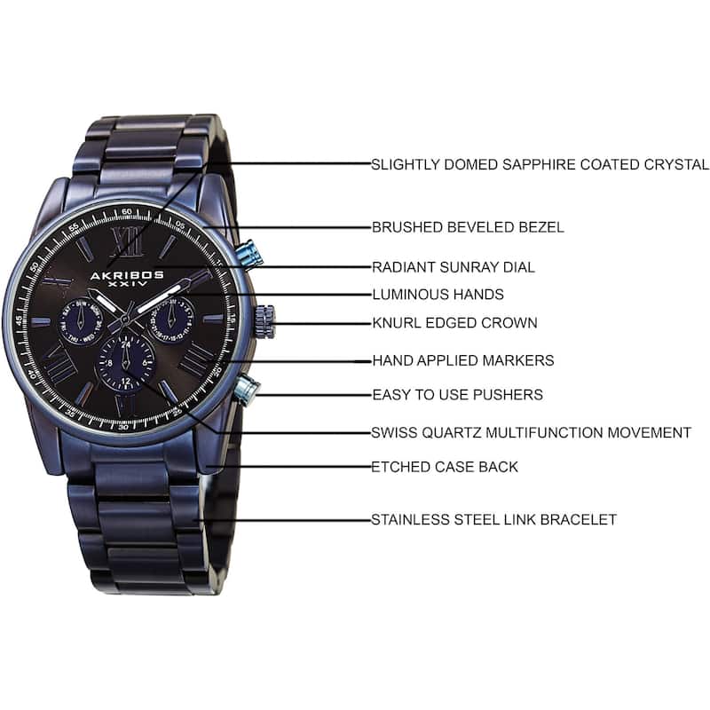 Akribos XXIV Men's Swiss Quartz Multifunction Dual Time Blue Bracelet Watch