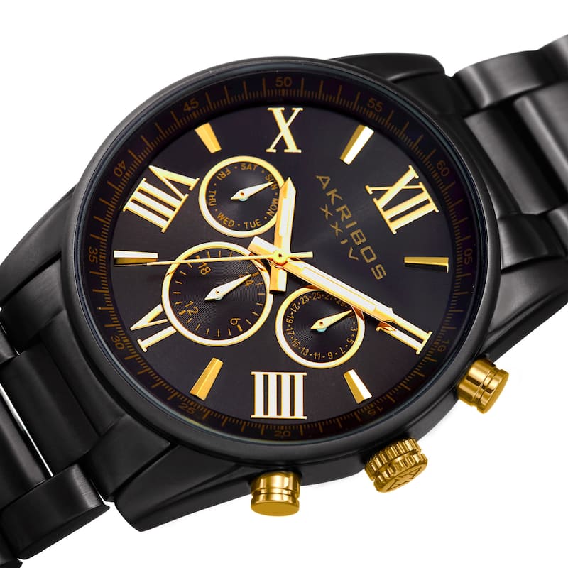 Akribos XXIV Men's Swiss Quartz Multifunction Dual Time Black Bracelet Watch