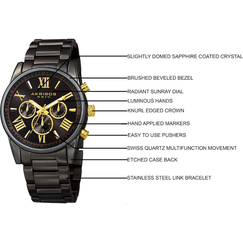 Akribos XXIV Men's Swiss Quartz Multifunction Dual Time Black Bracelet Watch