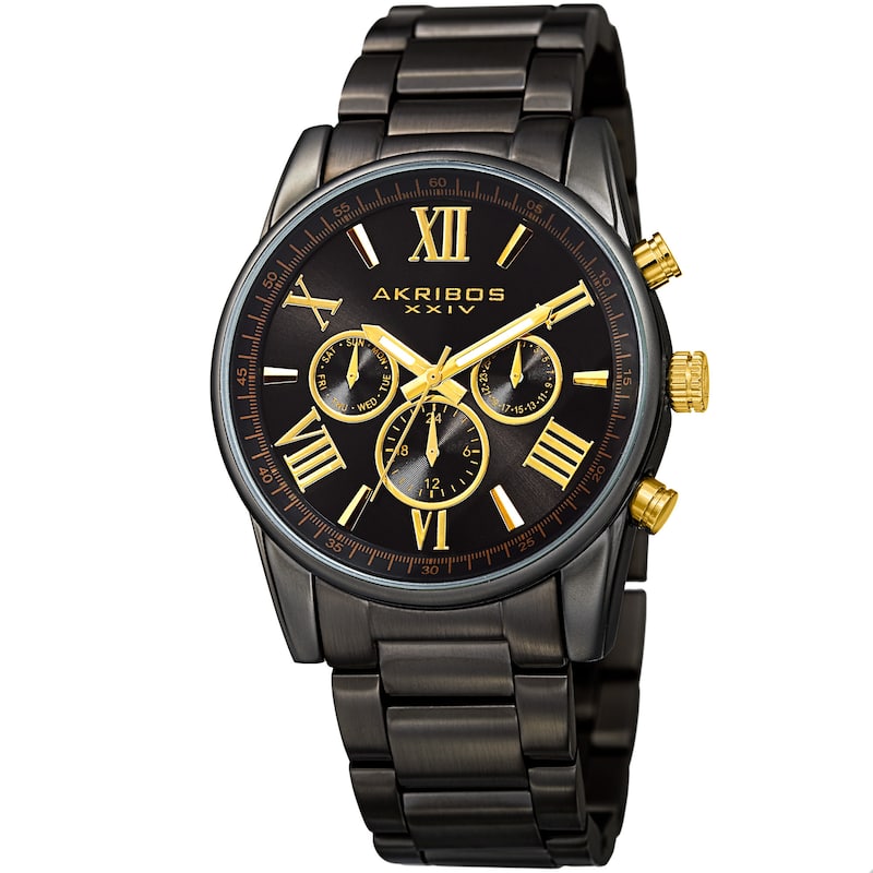 Akribos XXIV Men's Swiss Quartz Multifunction Dual Time Black Bracelet Watch