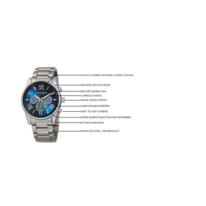 Akribos XXIV Men's Swiss Quartz Multifunction Dual Time Blue Bracelet Watch