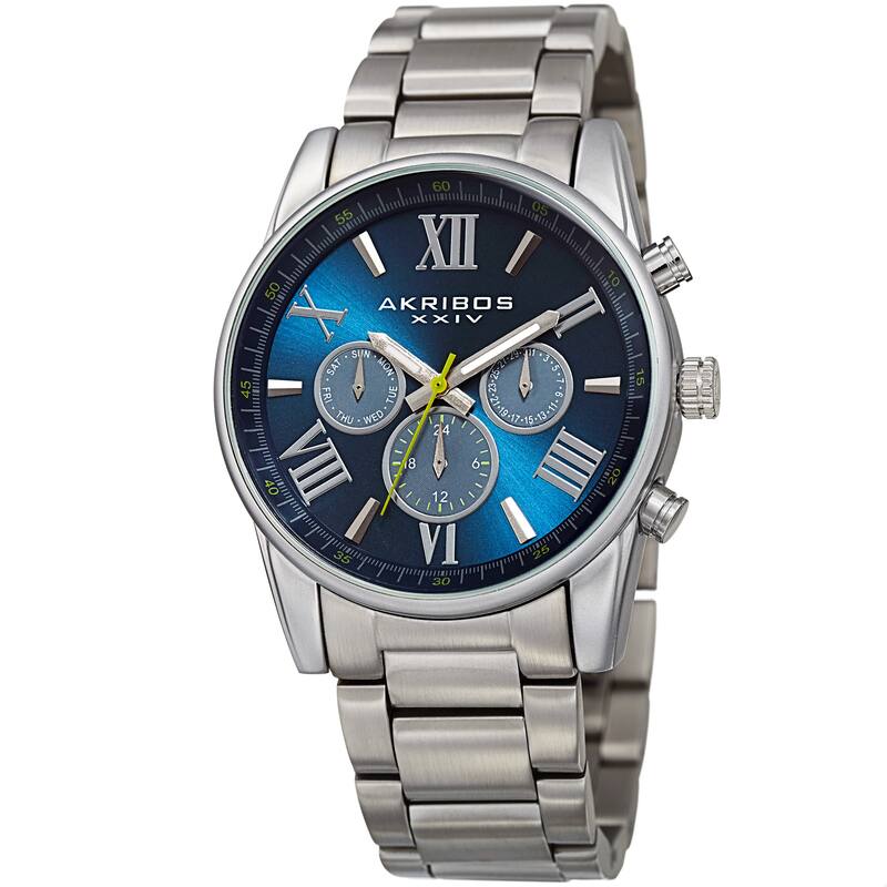 Akribos XXIV Men's Swiss Quartz Multifunction Dual Time Blue Bracelet Watch