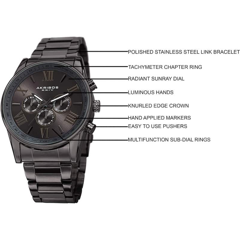Akribos XXIV Men's Trending Stainless Steel Bracelet and Leather Strap Watches - grey