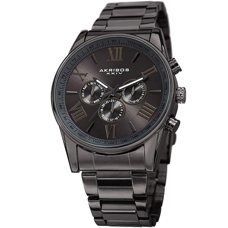 Akribos XXIV Men's Trending Stainless Steel Bracelet and Leather Strap Watches - grey - Dark Grey Stainless Steel/ Round Watch