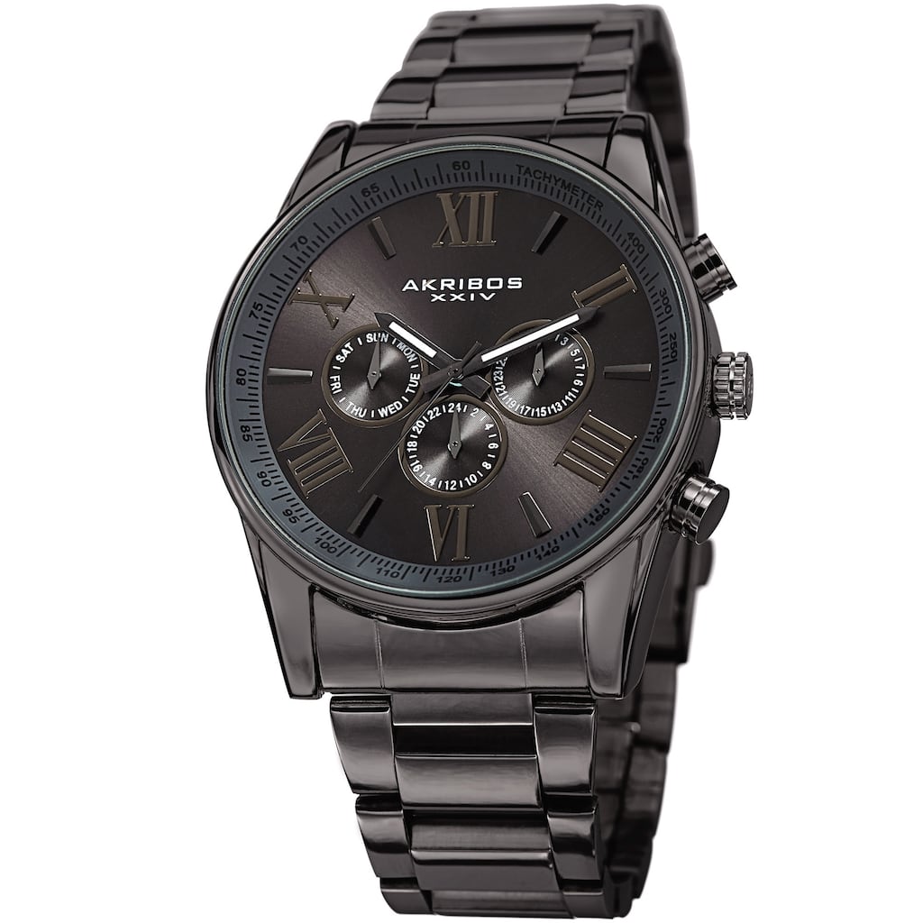 Akribos XXIV Men's Trending Stainless Steel Bracelet and Leather Strap Watches - grey
