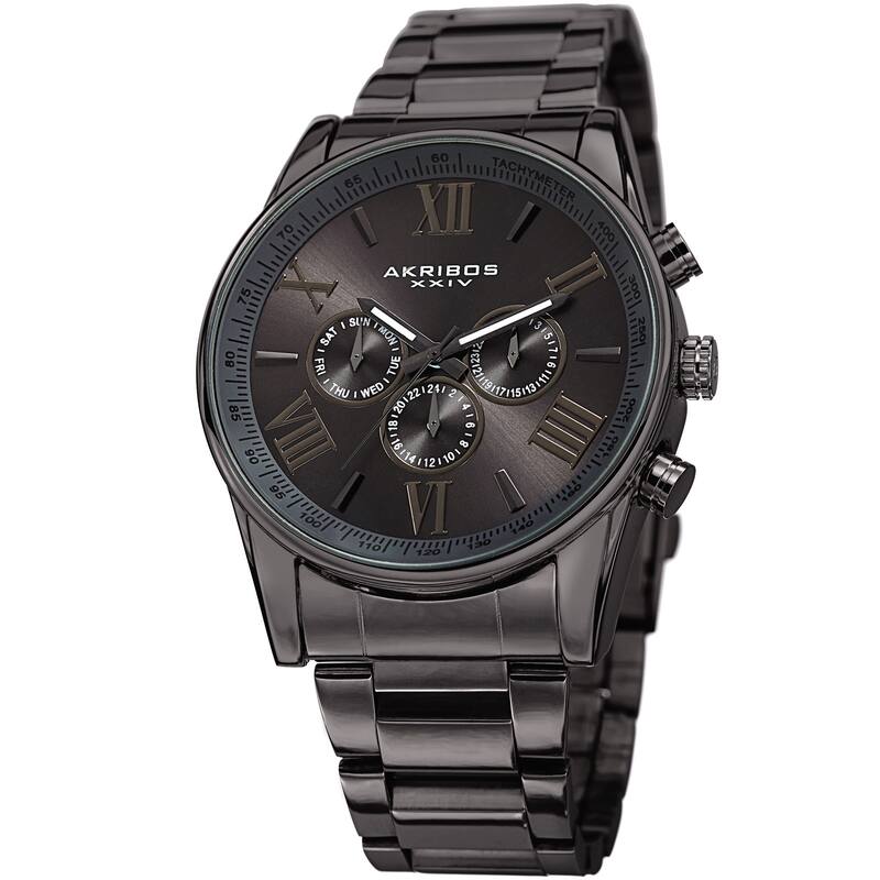 Akribos XXIV Men's Trending Stainless Steel Bracelet and Leather Strap Watches - grey