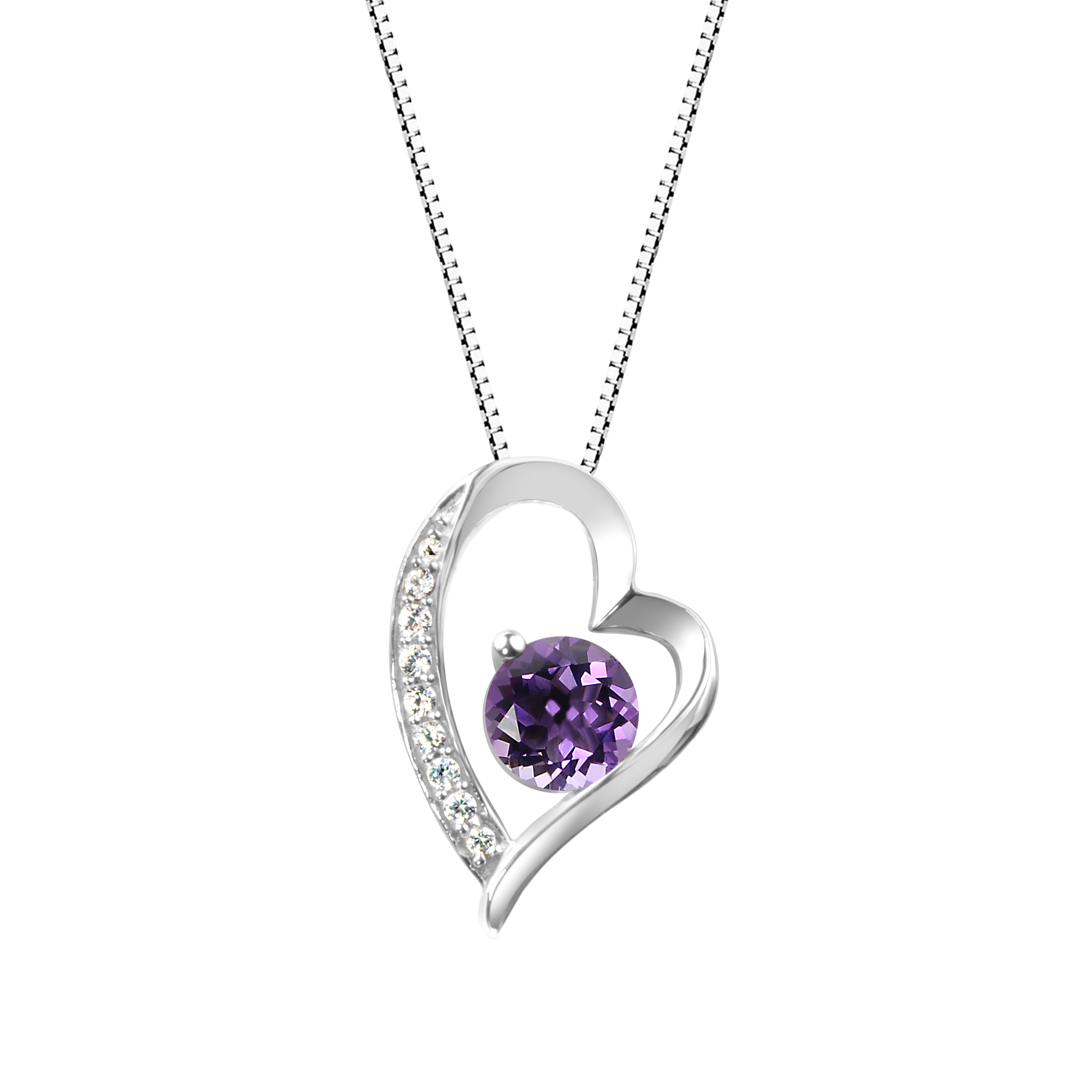 Sterling Silver Round Amethyst and Lab-Created White Sapphire Heart Pendant Necklace - Purple