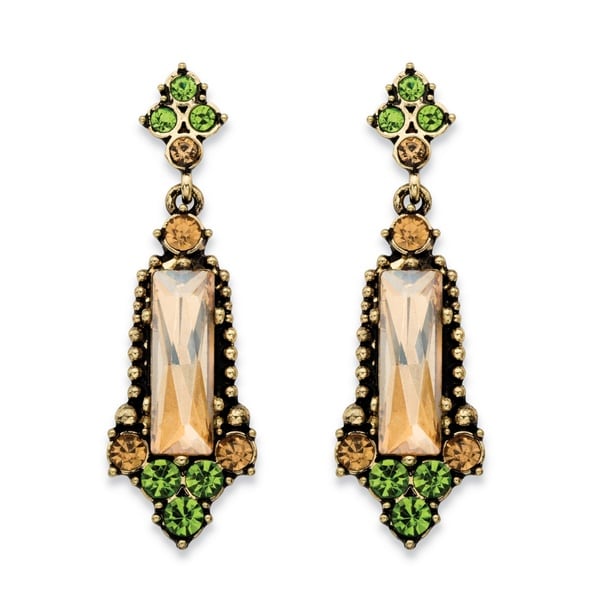 Baguette-Cut Champagne and Round Green Faceted Simulated Crystal Vintage-Style Drop Earrin