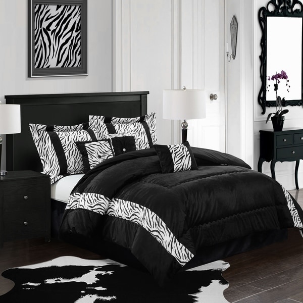 Beautiful 7 Pc Black and White Zebra Print Faux Fur Comforter Bedding