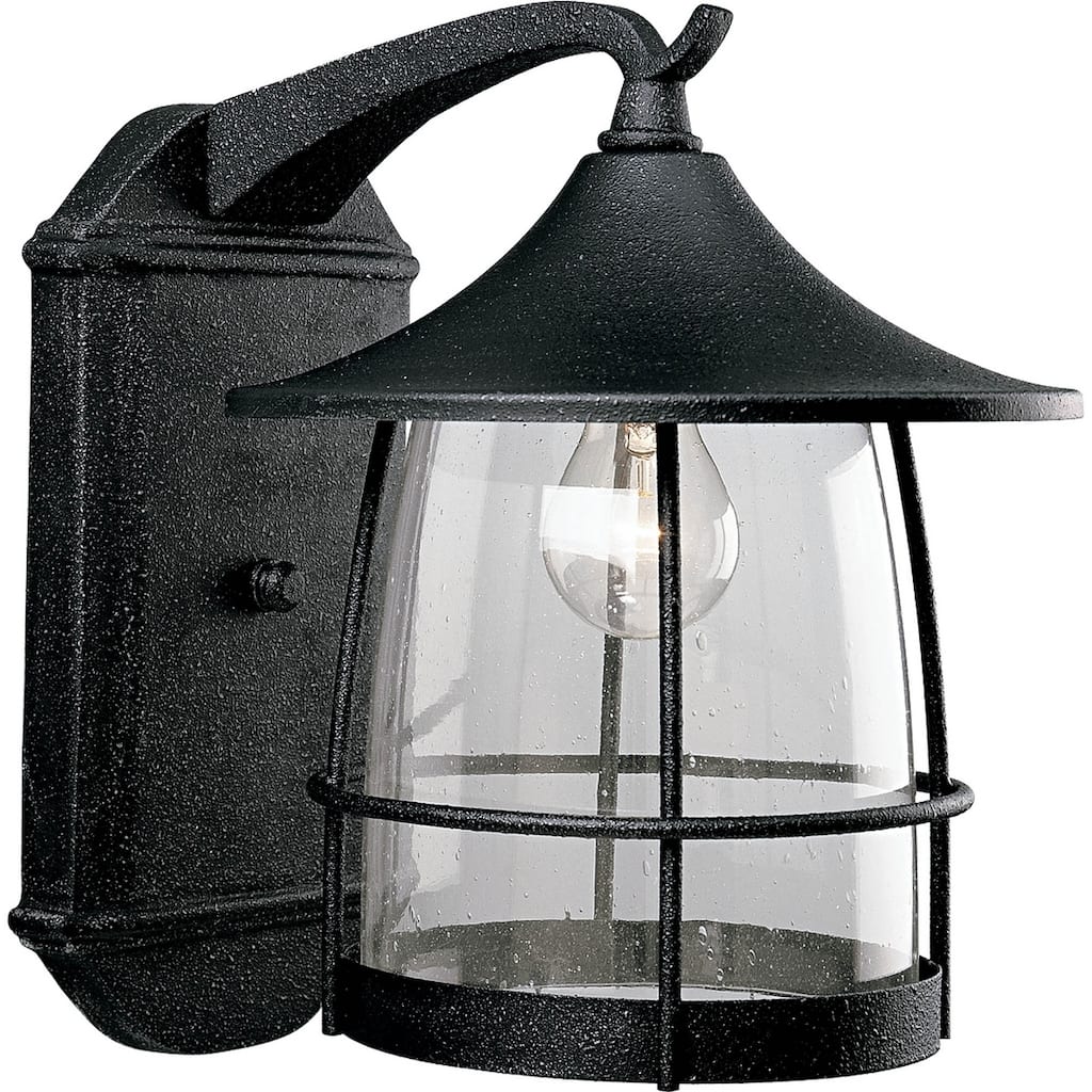Progress Lighting Prairie One Light Wall Lantern with Seeded Clear Glass and Iron Black Finish
