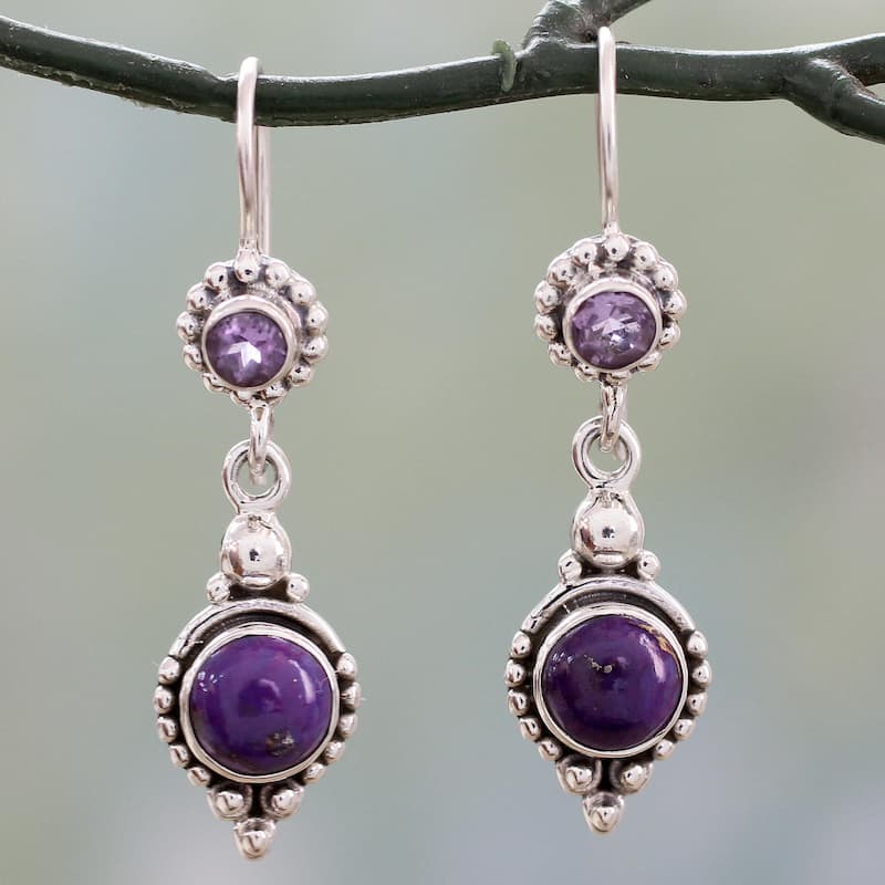 NOVICA Sterling Silver 'Violet Reverie' Amethyst Turquoise Earrings - 1.6*0.4
