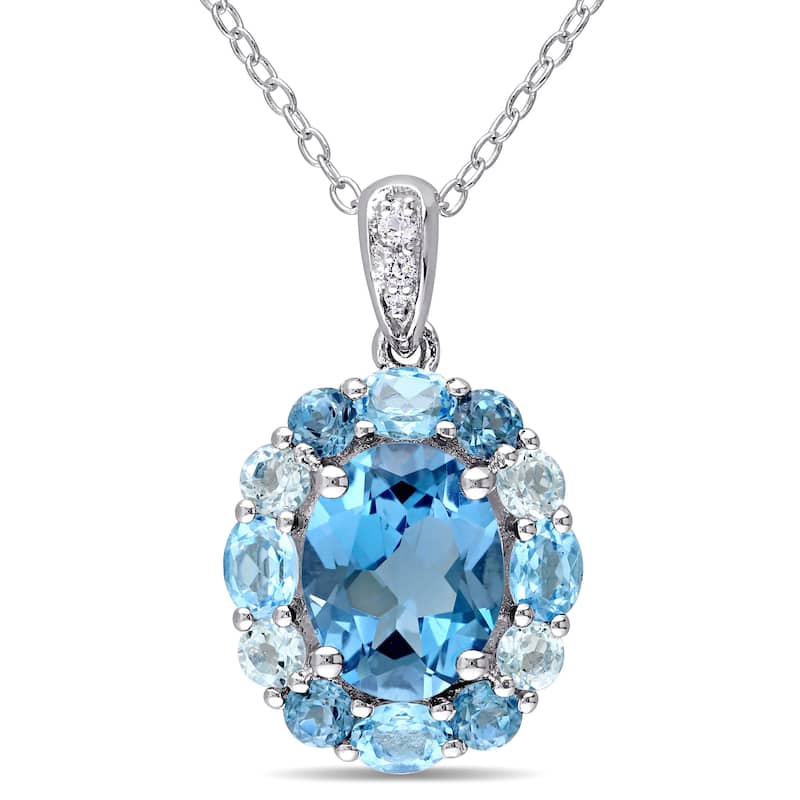 Miadora Sterling Silver Blue and White Topaz Halo Necklace