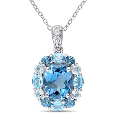 Miadora Sterling Silver Blue and White Topaz Halo Necklace