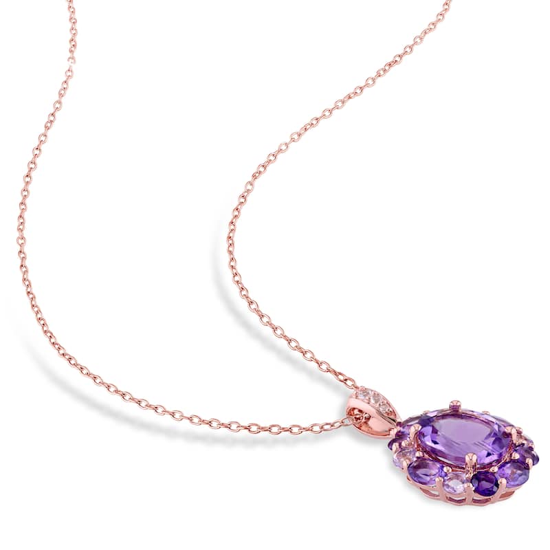 Miadora Rose Silver Amethyst Rose de France and White Topaz Halo Necklace - Purple