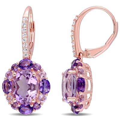 Miadora Rose Plated Silver Amethyst White Topaz and Rose de France Halo Earrings - Purple