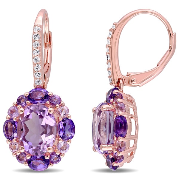 Miadora Rose Plated Silver Amethyst White Topaz and Rose de France Halo Earrings