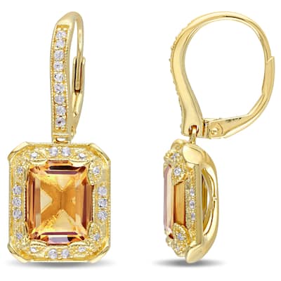 Miadora Yellow Silver Citrine and White Topaz and 1/10ct TDW Diamond Halo Dangle Earrings (H-I, I2-I3)