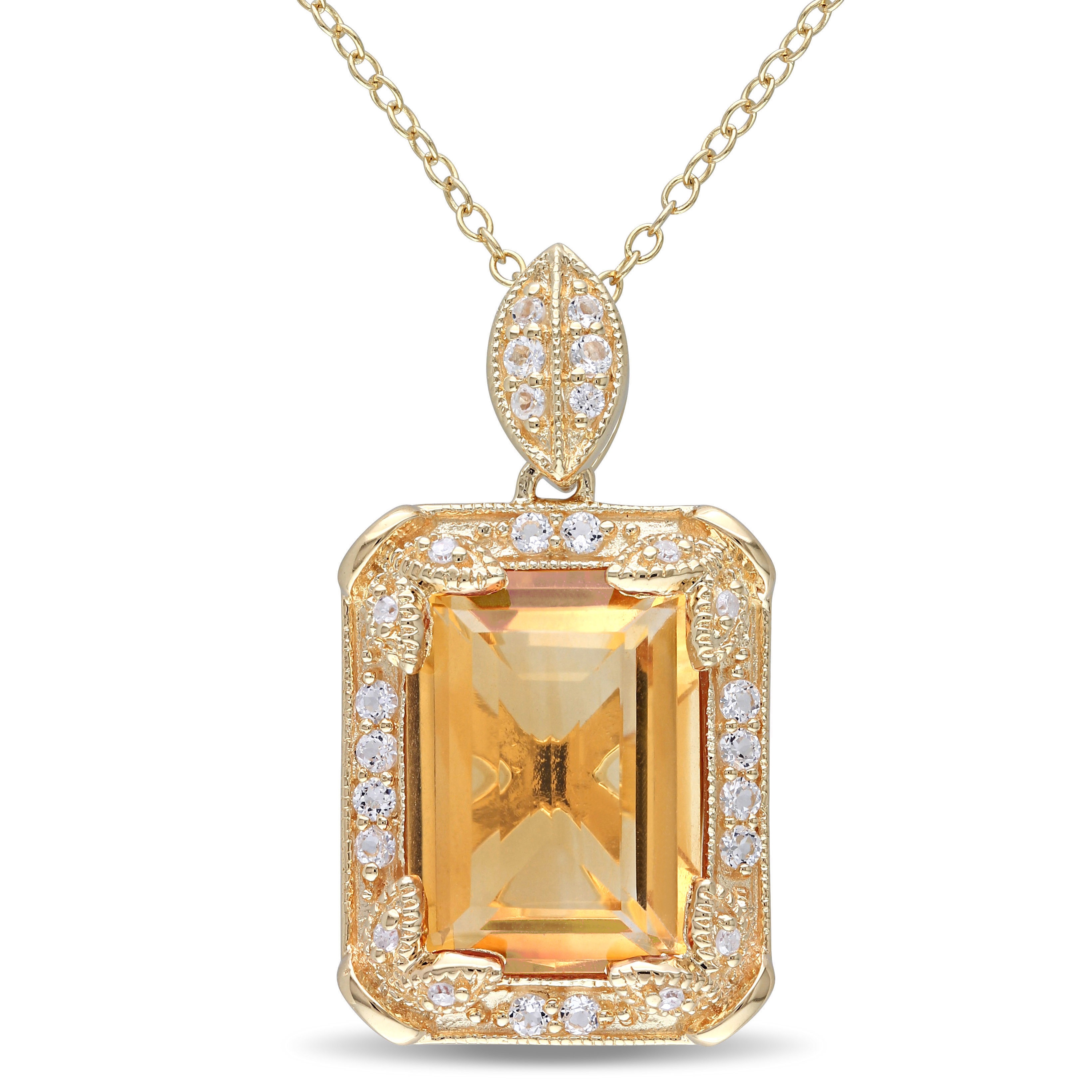 Miadora Yellow Silver Citrine White Topaz and Diamond Accent Halo Necklace