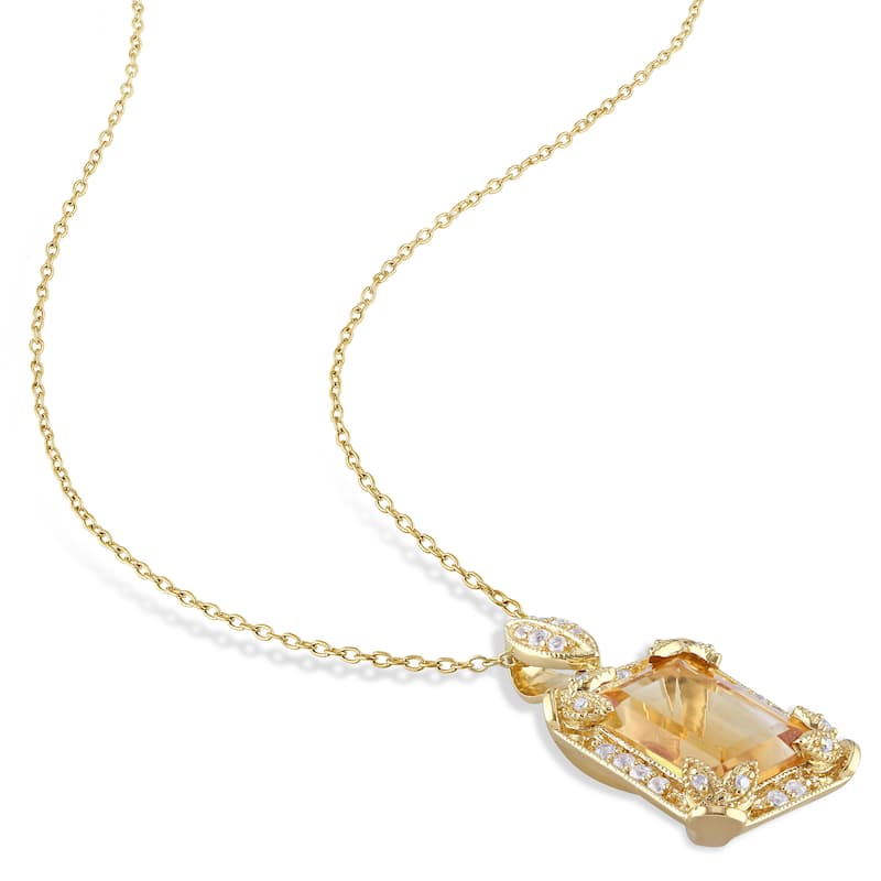 Miadora Yellow Silver Citrine White Topaz and Diamond Accent Halo Necklace