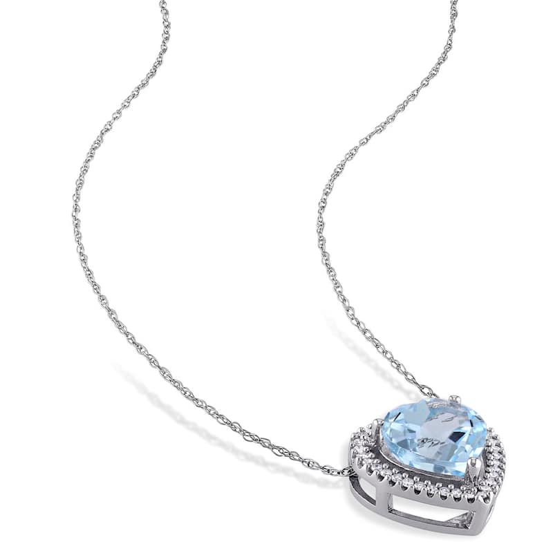 Miadora 10k White Gold Blue Topaz and 1/5ct TDW Diamond Heart Halo Necklace (H-I, I2-I3)